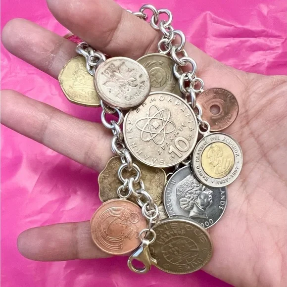 Sterling Silver 12 Coins Charm Bracelet Made In Italy - Picture 5 of 8